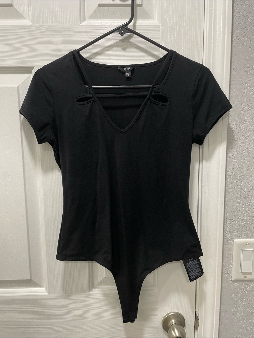 Guess Black Short Sleeve V-Neck Bodysuit with Front Strap Cutouts